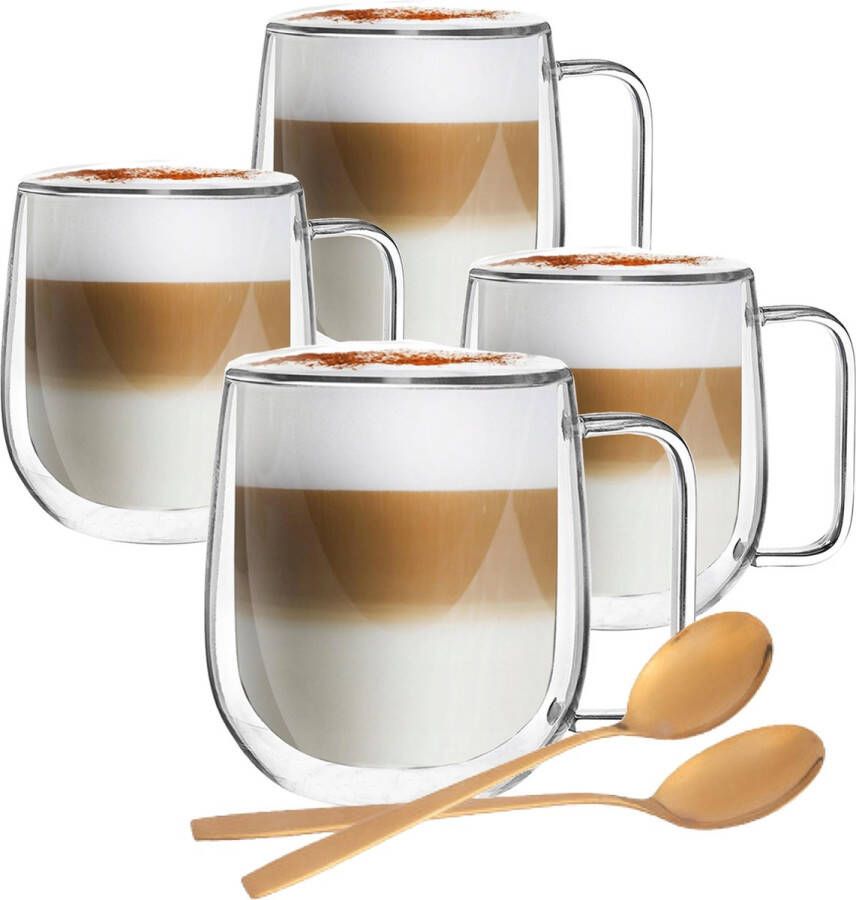 Altom Design Dubbelwandige Koffieglazen Met Oor Cappuccino Glazen 300 ML 4 Stuks + Gratis lepels