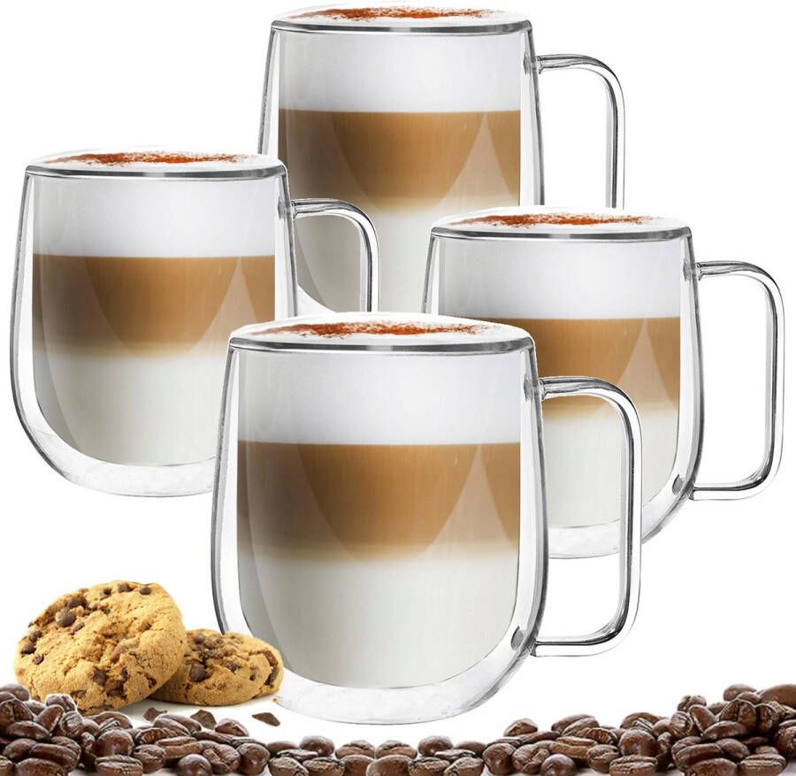 Altom Design Luxe Dubbelwandige Theeglazen Cappuccinoglazen Koffieglas dubbelwandig Theeglas met oor- 300 ML Set Van 4