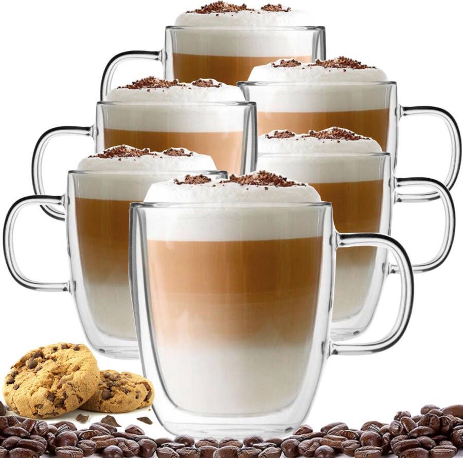 Altom Design Luxe Latte Macchiato Glazen Dubbelwandig Koffieglazen met oor Cappuccinoglazen Theeglas 350 ML Set Van 6