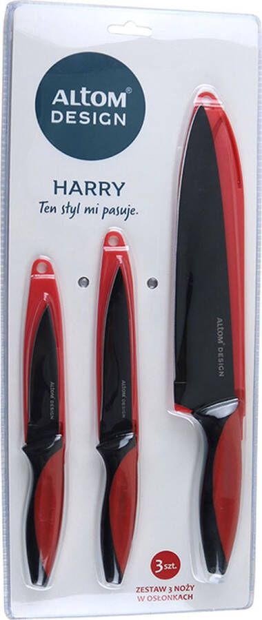 Altom Design Harry 3 delige messenset met hoes zwart rood inclusief beschermhoezen keukenmes schilmes universele mes