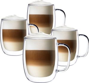 Altom Design Luxe Dubbelwandige Theeglazen Cappuccinoglazen Latte Macchiato Glazen Dubbelwandig Met Oor 400 Ml Set Van 2