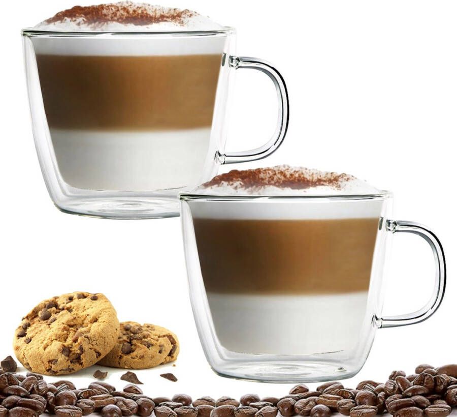 Altom Design Luxe Latte Macchiato Glazen Dubbelwandig Koffieglazen Cappuccino Glazen Theeglas 420 ML Met oor- Set van 2