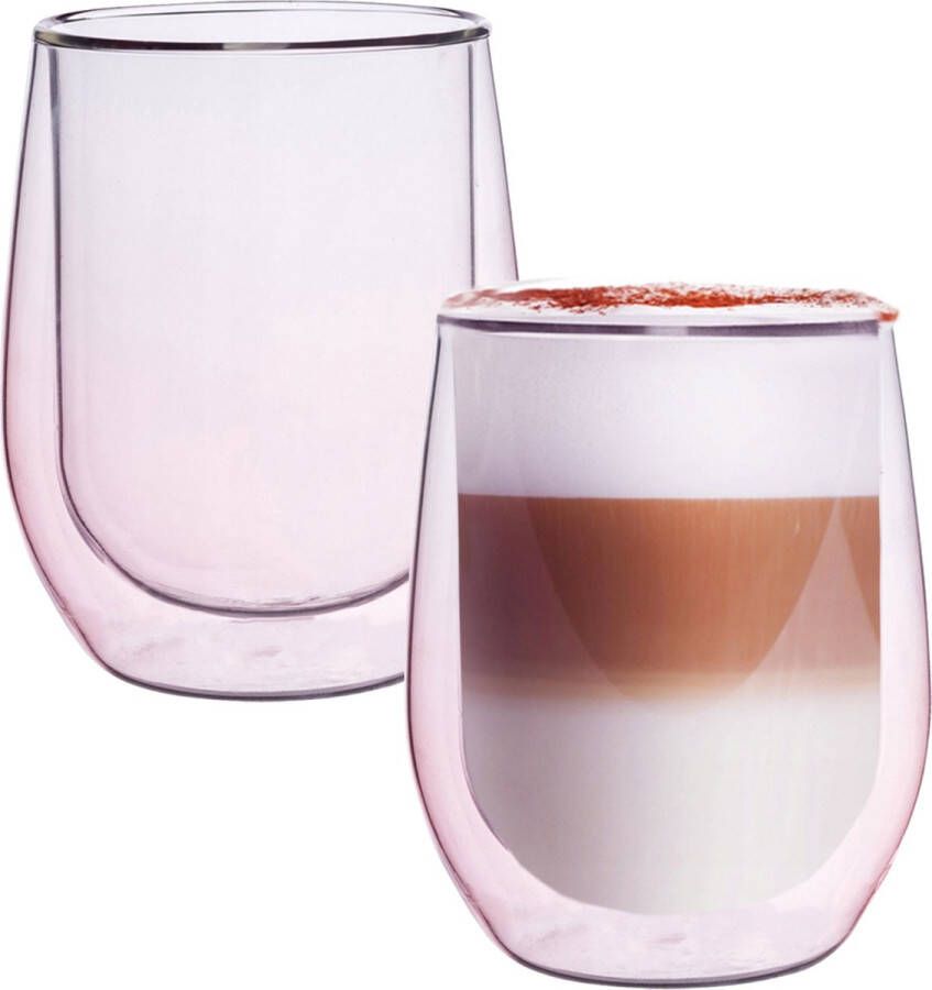 Altom Design Roze Dubbelwandige Koffieglazen Dubbelwandige Theeglazen Cappuccino Glazen 300ML Set Van 2
