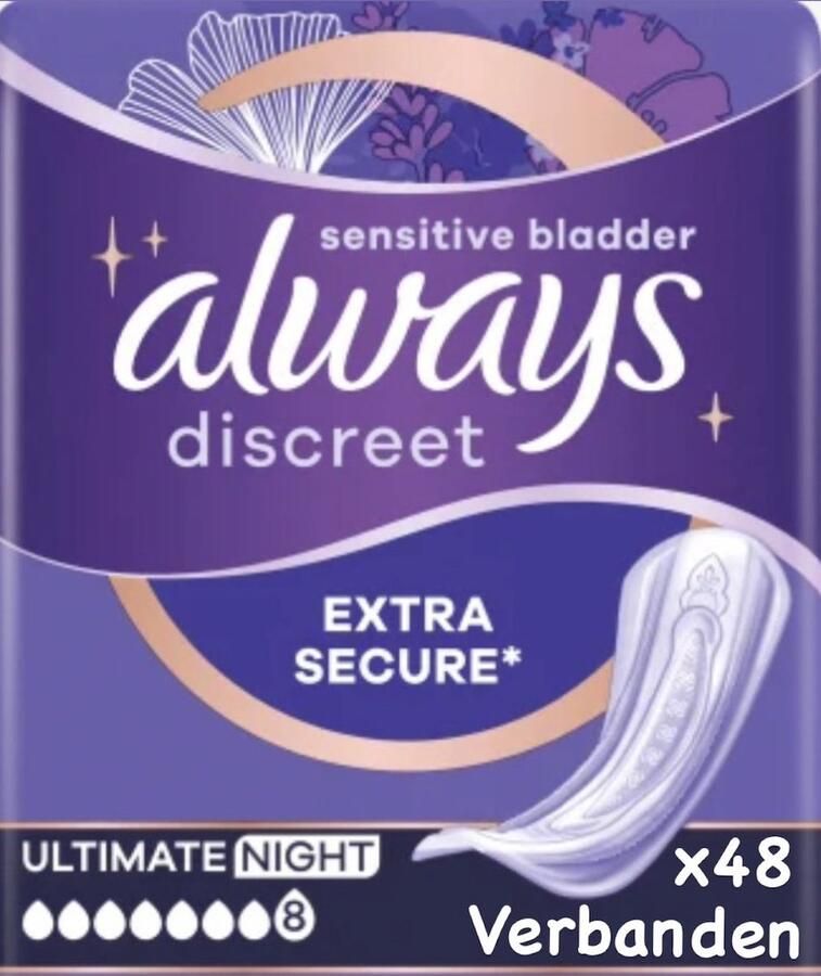 Always Discreet Verband Voor Urineverlies Ultimate Night Voordeelverpakking 6 x 8 stuks 48 stuks