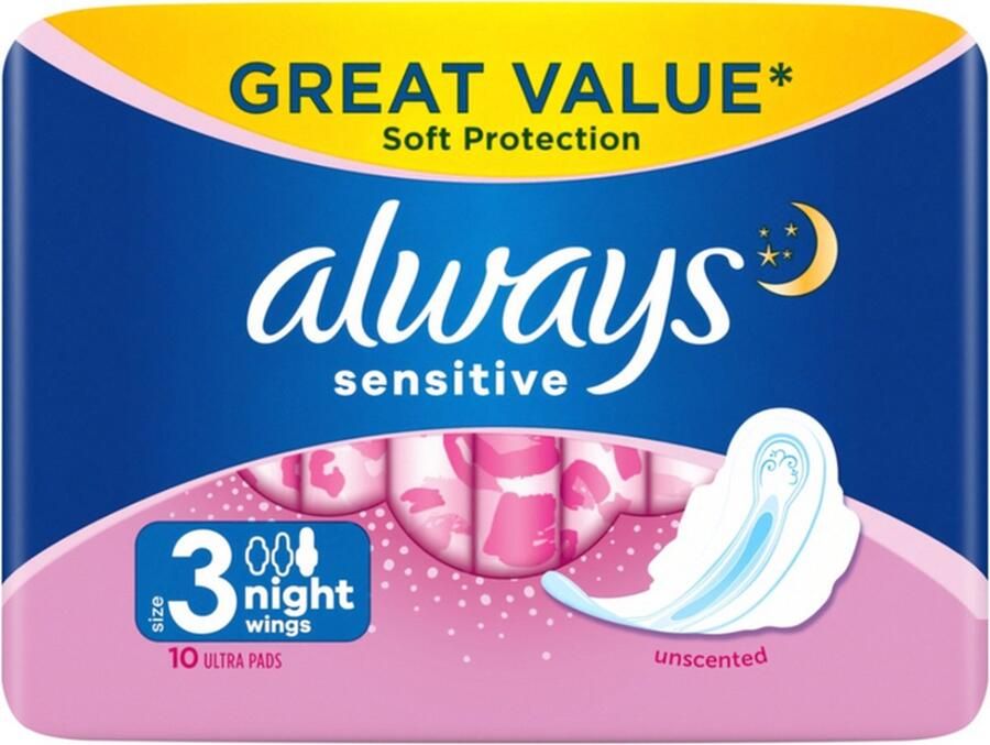 Always Sensitive Night Pads- 5 x 10 stuks voordeelverpakking