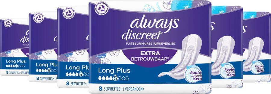 Always Discreet Incontinentieverbanden Plus Voor Urineverlies Long Plus Voordeelverpakking 6 x 8 stuks