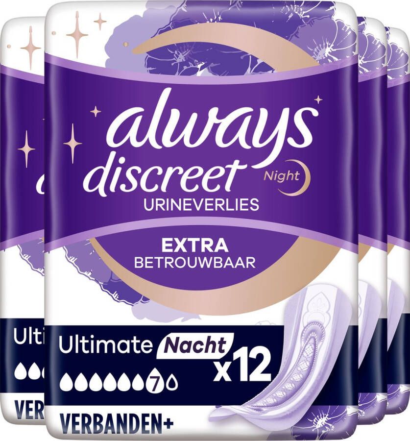 Always Discreet Verband Voor Urineverlies Plus Ultimate Night Voordeelverpakking 4 x 12 stuks