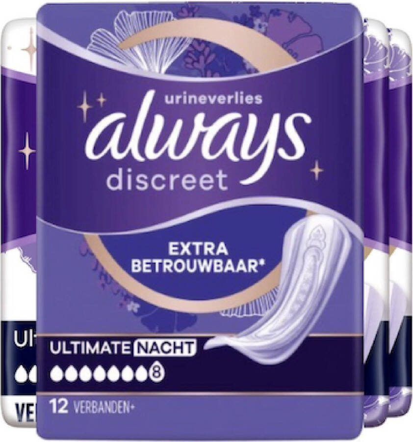 Always Discreet Verband Voor Urineverlies Plus Ultimate Night Voordeelverpakking 4 x 12 stuks