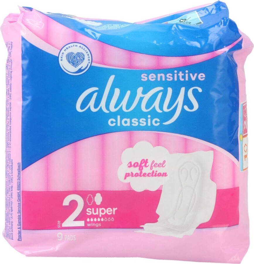 Always Maandverband- Classic Maxi Sensitive size 2- 9pcs Voordeelverpakking 12 stuks