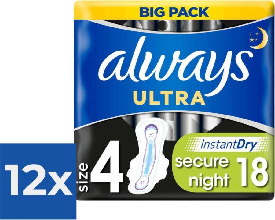 Always Maandverband Ultra Secure Night 18 Stuks Voordeelverpakking 12 stuks
