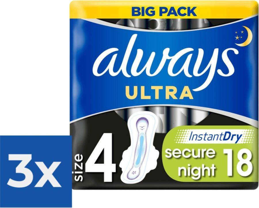 Always Maandverband Ultra Secure Night 18 Stuks Voordeelverpakking 3 stuks