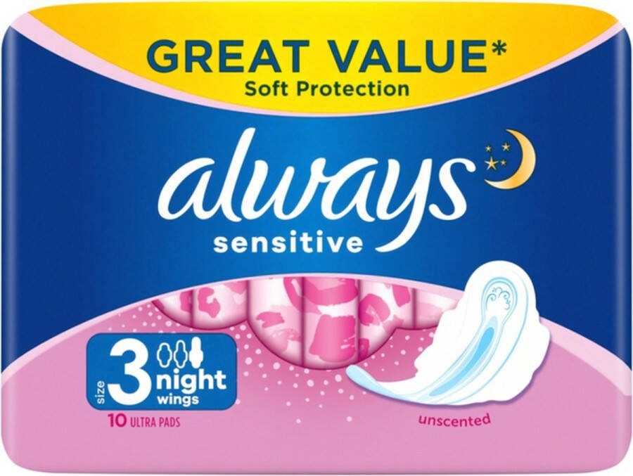 Always Sensitive Night Pads- 4 x 10 stuks voordeelverpakking
