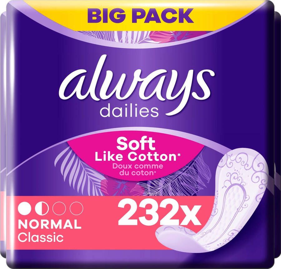 Always Dailies Normal Classic Soft Like Cotton Voordeelverpakking 4 x 58 stuks Inlegkruisjes