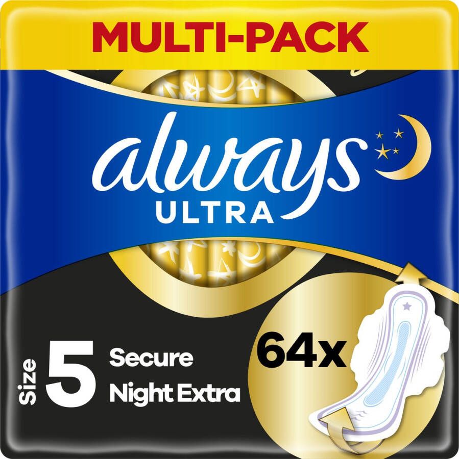 Always Ultra Secure Night Extra Maandverband Met Vleugels Voordeelbox 64 stuks