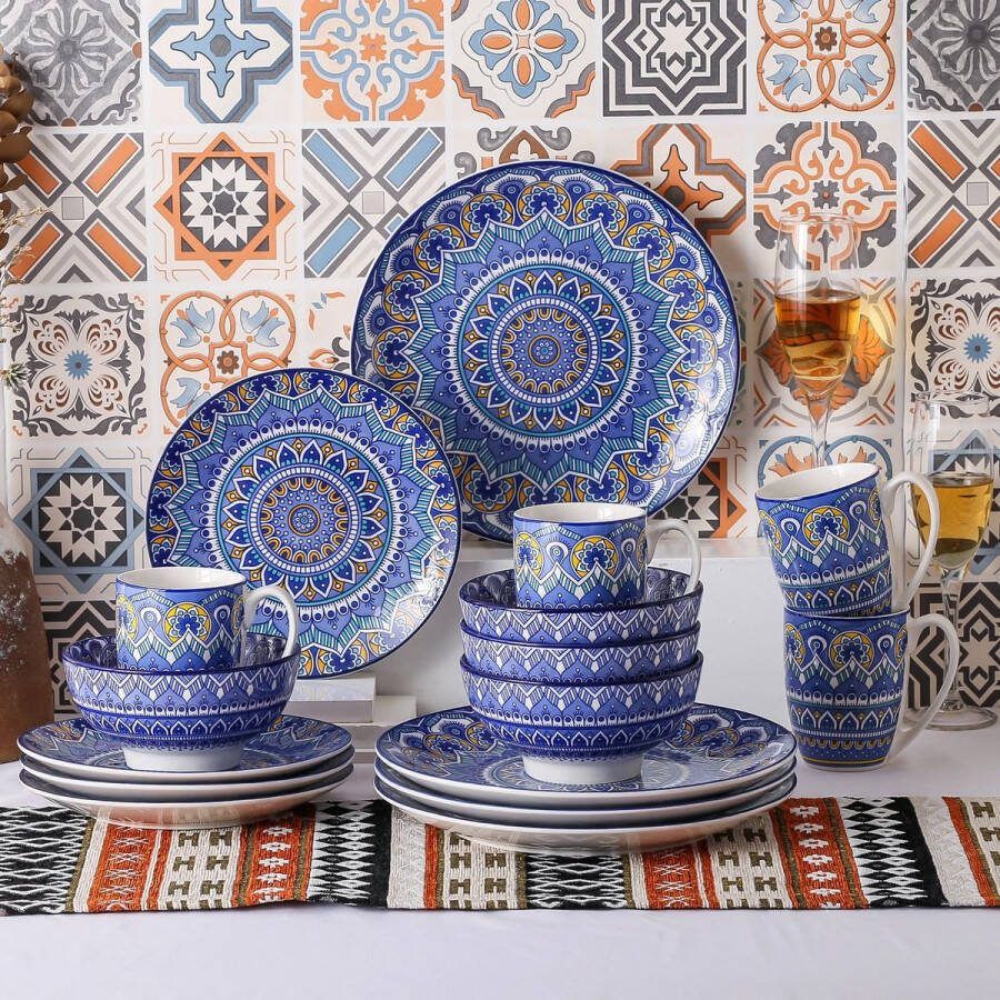 Amalee Service set Mandala Blauw Diner bord dessertbord Kom en Mok Keramisch FDA gecertificeerd materiaal magnetron en vaatwasbestendig