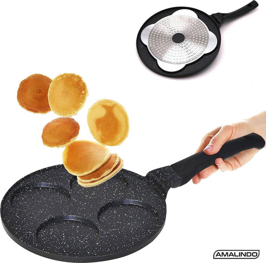 AMALINDO Pancakepan 26 cm spiegeleipan pannenkoekenpan met antiaanbaklaag oogpan eierpan geschikt voor alle warmtebronnen inductie 4 gaten pan voor pannenkoeken spiegelei pannenkoeken