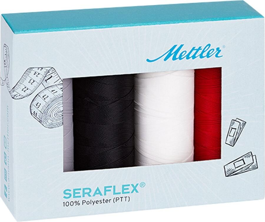 Amann Mettler Set 4 basis kleuren elastisch naaigaren 130m stikzijde tricot Seraflex box Mettler