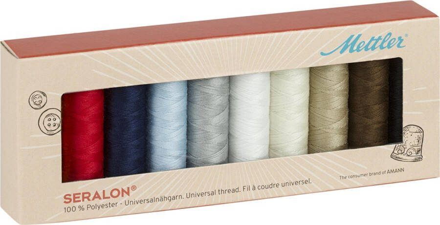 Amann Mettler Set 10 basis kleuren naaigaren 100m stikzijde Seralon box Mettler