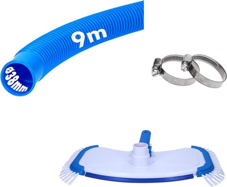 Amapool zwembadslang- en borstelset I 4-delige set bestaande uit luxe vloerstofzuiger en 9 m zwembadslang ø 38 mm blauw en twee roestvrijstalen klemmen I zwembadonderhoudsset I zwembadvloerreinigerset