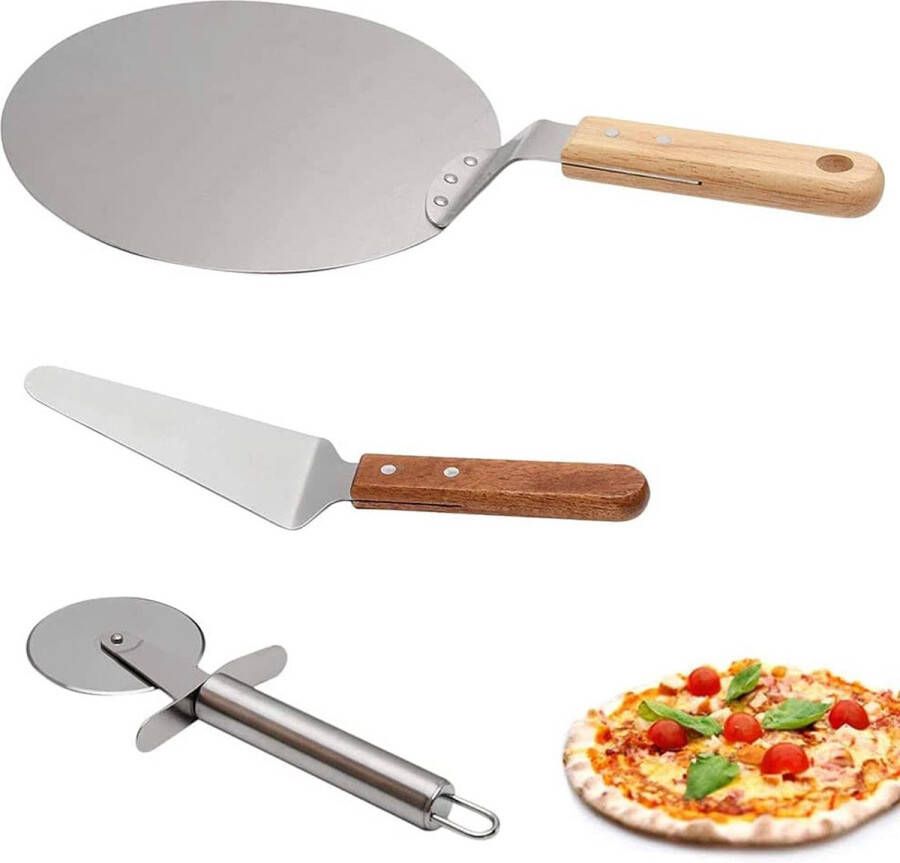 Amasawa 3 stuks RVS Pizza Schop RVS Pizza Cutter RVS Pizza Wheel Pizza Schep Set Houten Handvat Ronde Pizza Paddle Voor Oven Bakken Pizza Brood Cakes