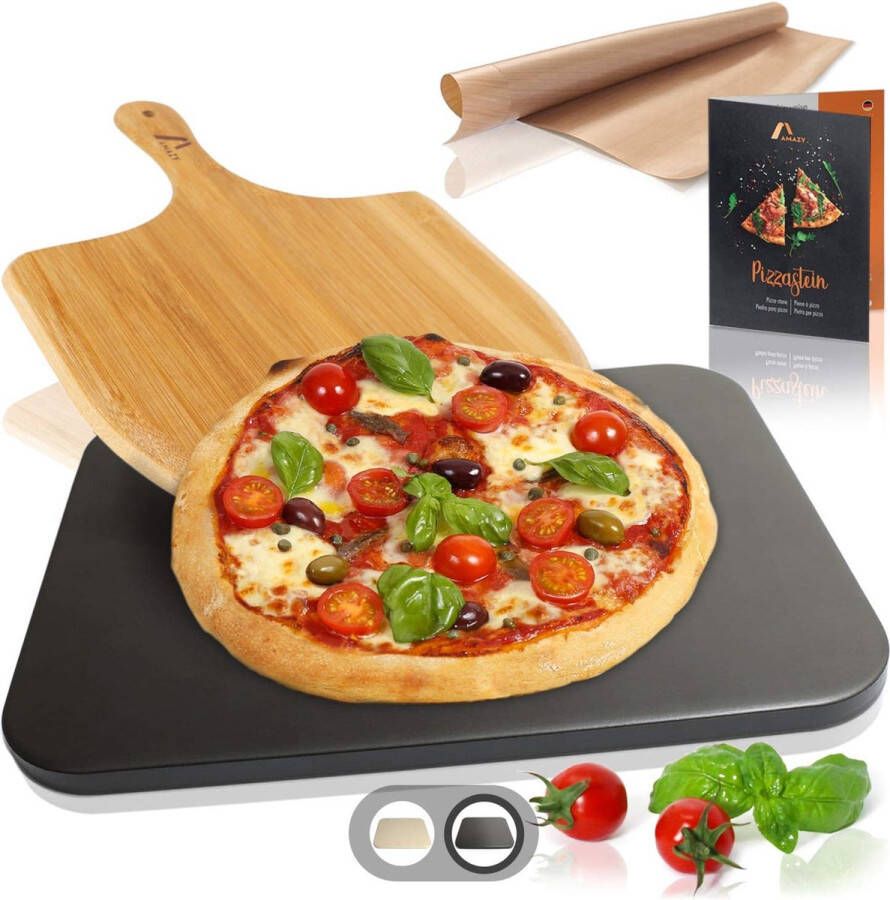 Amazy Pizzasteen Incl. Bamboe Pizzaschep Duurzame Bakfolie en Recepten Boekje – de Broodbaksteen (Hittebestendig Zwart) Geeft je Pizza de Smaak van Italiaans Knapperige Steenovenpizza