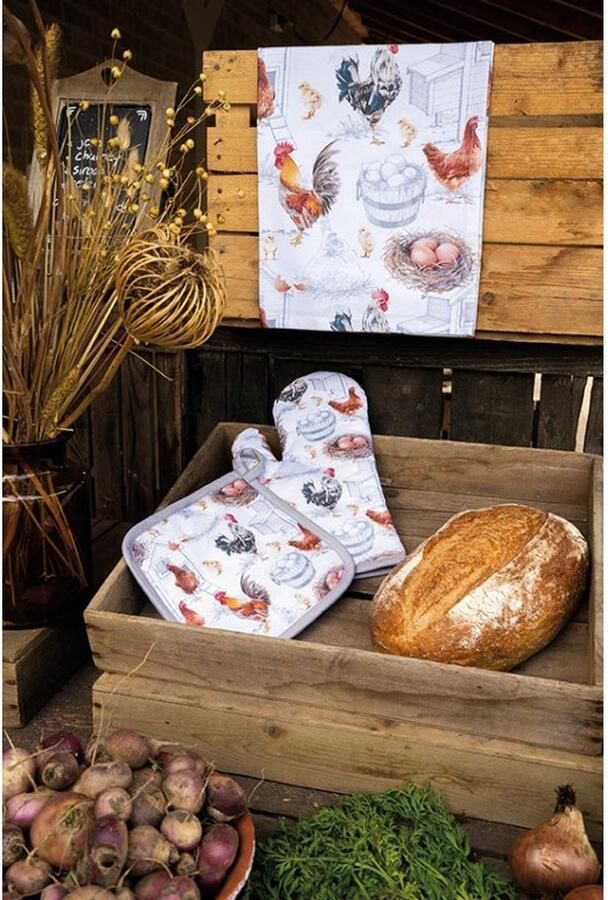 Ambiente Keuken textiel cadeauset Chicken Farm Theedoek Ovenwant Pannenlap Kippen Pasen