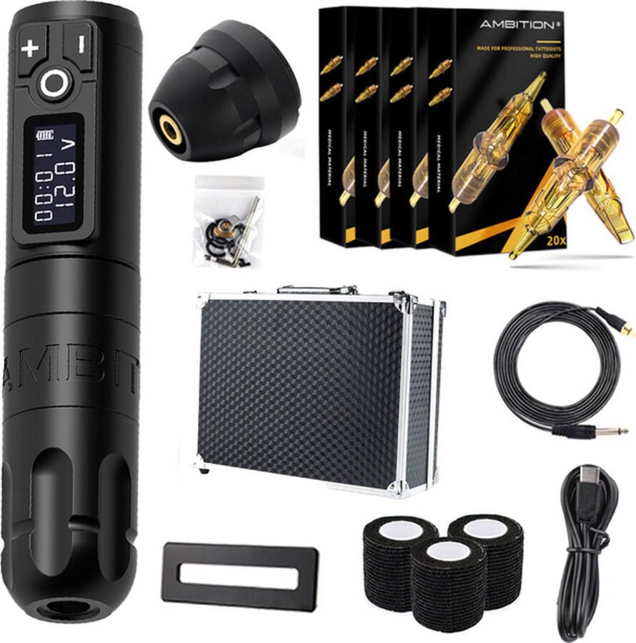 Ambition Professionele Tattoo Machine Set Draadloos Tattoo machine Complete set Incl. 80 Naalden Tattoo Machine Pen Cartridges Tattoo Kit Tattoo set