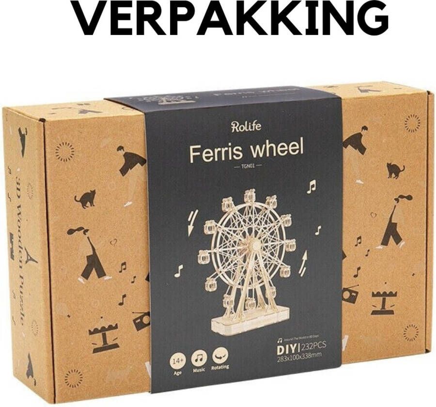 Amerce Houten 3D Puzzel Reuzenrad – Draaibaar Muziekdoos – Bruin