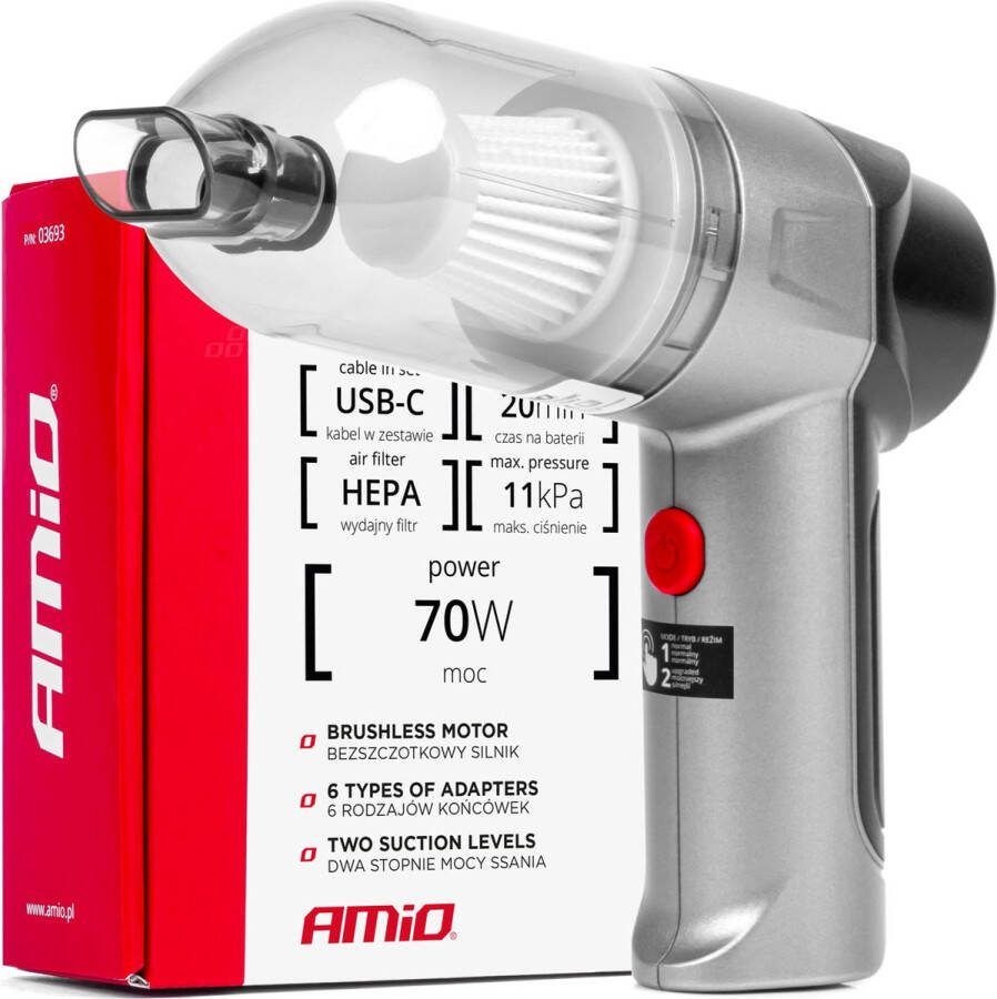 AMIO Auto Stofzuiger Draadloos Autostofzuiger Handstofzuiger 70W Grijs