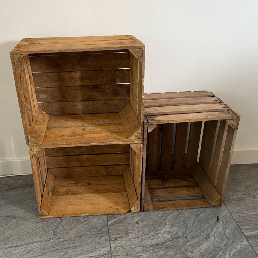 AMISHOUT 3x Oude Vintage Gebruikte fruitkisten 50x40x30 cm set van 3