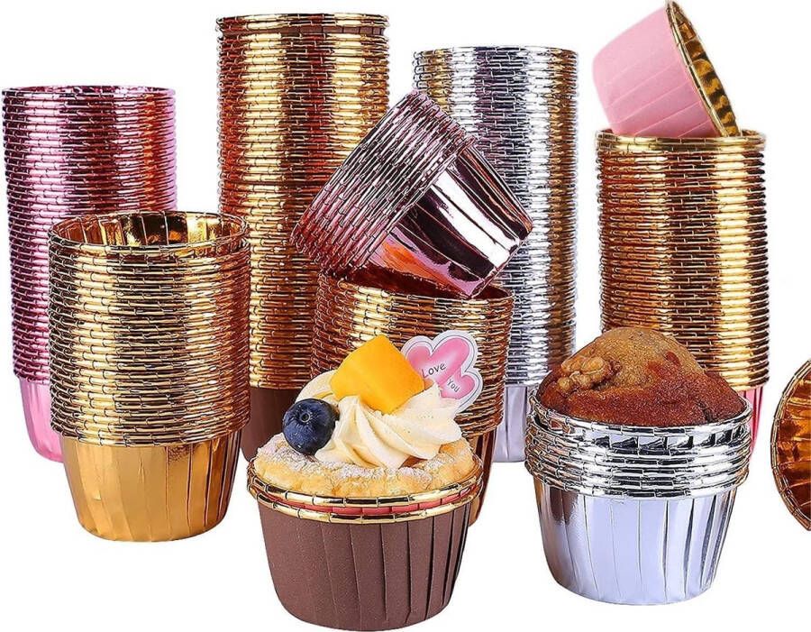 AMOOZI GiftPot Muffin vormpjes 200 stuks bakvormen van aluminiumfolie cupcake-vormpjes van aluminiumfolie voor bruiloft verjaardag feest 4 kleuren (goud)