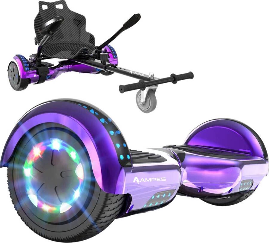 Ampes Hoverboard Bluetooth Speaker 24V 4.0 Ah Accu Oxboard 12 km h UL2272 Gecertificeerd LED Verlichting Anti lek banden Belastbaar tot 120KG 6.5 Inch Inclusief Draagtas 700W Wielen Chroom Paars + Hoverkart