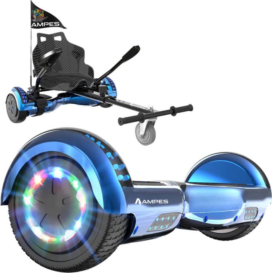 Ampes Hoverboard Bluetooth Speaker 24V 4.0 Ah Accu Oxboard 12 km h UL2272 Gecertificeerd LED Verlichting Anti lek banden Belastbaar tot 120KG 6.5 Inch Inclusief Draagtas 700W Wielen Chroom Blauw + Hoverkart Carbon