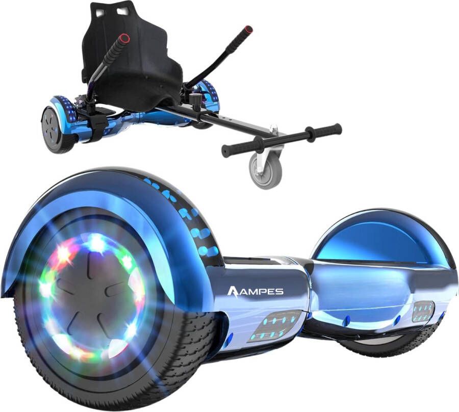 Ampes Hoverboard Bluetooth Speaker 24V 4.0 Ah Accu Oxboard 12 km h UL2272 Gecertificeerd LED Verlichting Anti lek banden Belastbaar tot 120KG 6.5 Inch Inclusief Draagtas 700W Wielen Chroom Blauw + Hoverkart