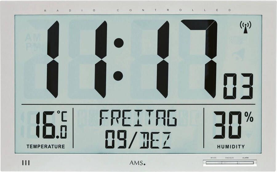 AMS F5888 Wandklok Tafelklok Digitaal Kunststof Radiogestuurde tijdsaanduiding LCD Grijs