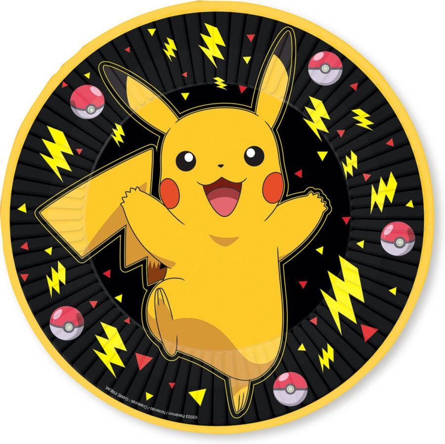 Amscan Pokemon themafeest gebaksbordjes 8x zwart geel karton D23 cm