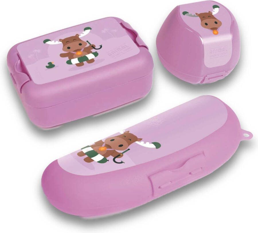 Amuse voordeelset van 3 stuks DBP Lila Kids Sporty Animal Moose Rendier Fruitbox Lunchbox Bananenbox Set lunch & snacks