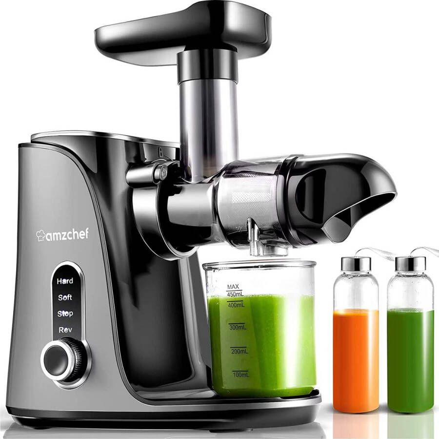 AmzChef Slowjuicer GM3001 Voor Groente- en Fruitsap Horizontale Slowjuicer Led Display en Stille Motor Incl. Reisfles en extra Accessoires Grijs