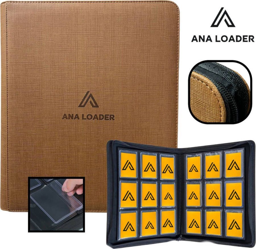 Analoader Ana toploader map bruin Toploader binder Top loader map geschikt voor trading cards Trading cards verzamelmap met rits sluiting Geschikt voor 216 kaarten