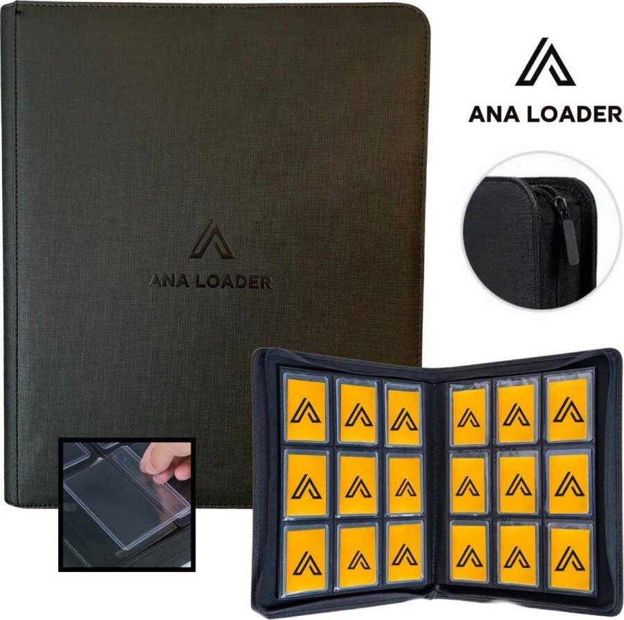Analoader Ana Premium Toploader Binder Zwart Geschikt voor 252 kaarten Trading cards verzamelmap met rits sluiting Toploader map Top loader map geschikt voor Pokémon Trading cards 9 Pocket Toploader Binder