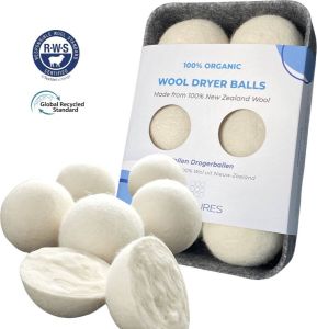 ANATURES Wollen XL Drogerballen 6 stuks in opbergmand – Herbruikbare Droogballen Wasdroger – Nieuw Zeelands RWS Schaapswol Wasdrogerballen Duurzaam – Natuurlijke Wasverzachter