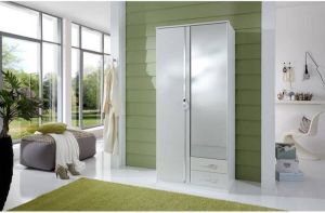 Anders Kledingkast 2 deuren 1 spiegel + 2 lades Wit decor L 91 x D 56 x H199 cm TRIO