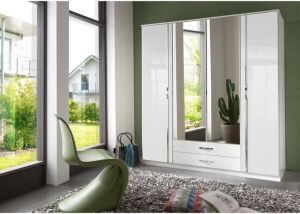 Anders Kledingkast 4 deuren 2 spiegels + 2 lades Wit decor L 180 x D 56 x H 199 cm TRIO