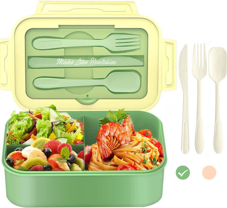 ANDIMEI Broodtrommel voor kinderen met vakken 1300 ml lunchbox voor volwassenen met 3 onderverdelingen BPA-vrije Bento Box met lepel mes en vork bestek lekvrije snackbox magnetrons en vaatwassers