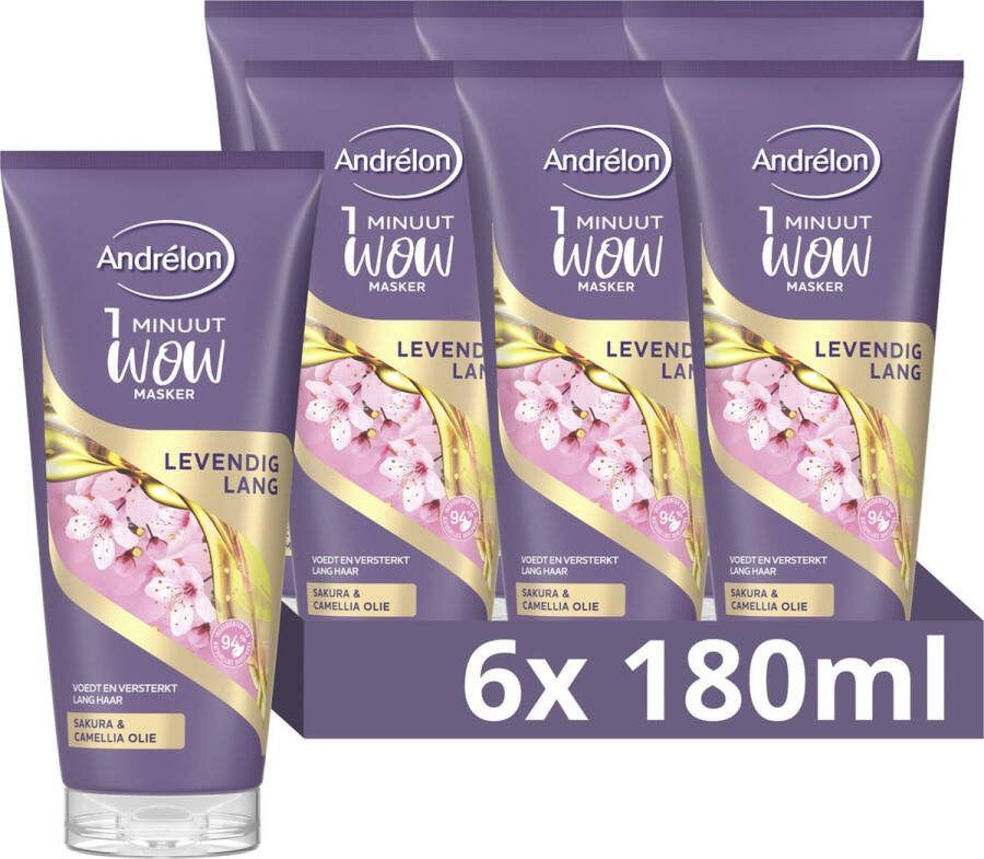 Andrélon 1 Minuut WOW Masker Levendig Lang verrijkt met sakura- en camellia-olie 6 x 180 ml