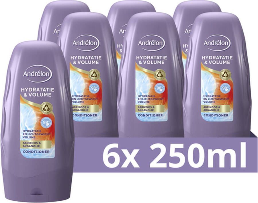 Andrélon Hydratatie & Volume Conditioner voor droog en futloos haar verrijkt met abrikoos en arganolie 6 x 250 ml