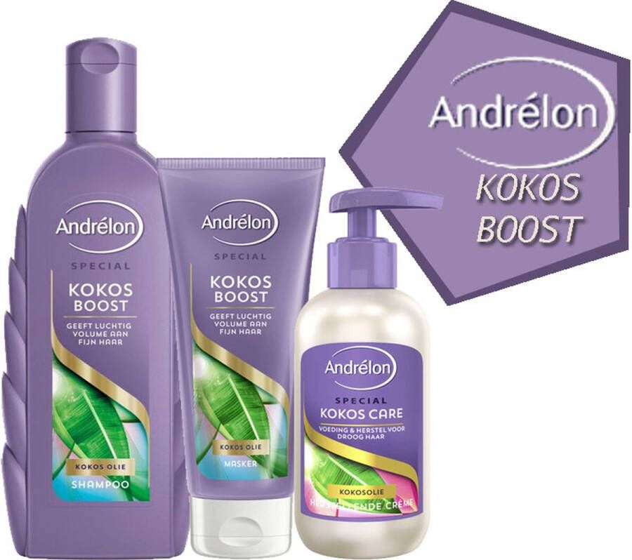 Andrélon Andrelon Kokos boost- set: Shampoo 300ml haarmasker 180ml en Kokos care herstel crème 200ml
