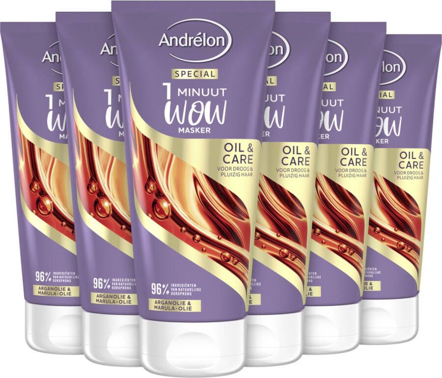 Andrélon Special 1 Minuut WOW Masker Oil & Care verrijkt met arganolie en marula-olie 6 x 180 ml