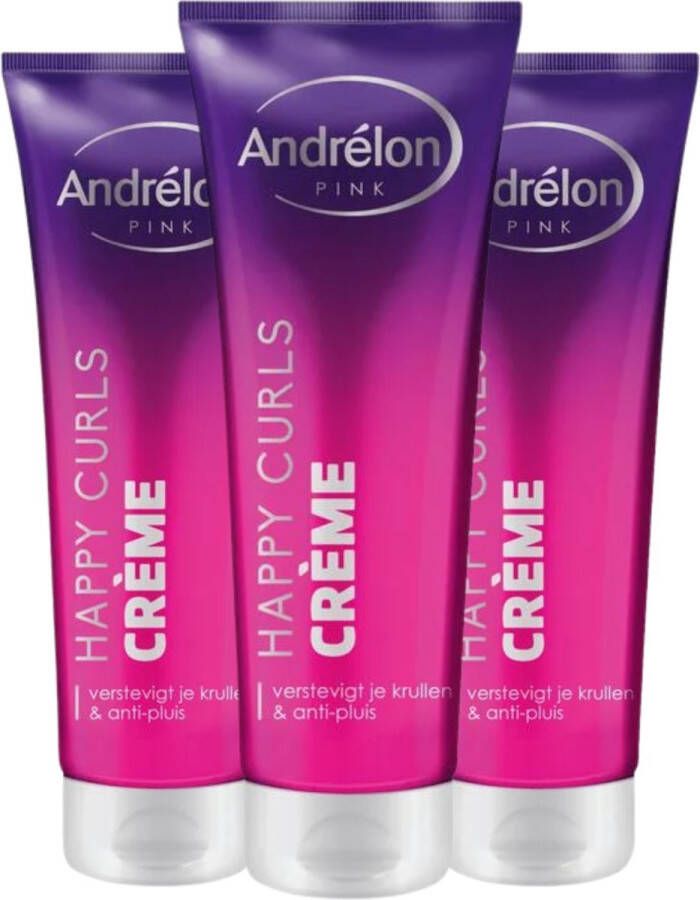 Andrélon Pink Happy Curls Haarcrème Verstevigt je Krullen en Anti-Pluis 3 x 125 ml Andrelon Perfecte Krul Voordeelverpakking