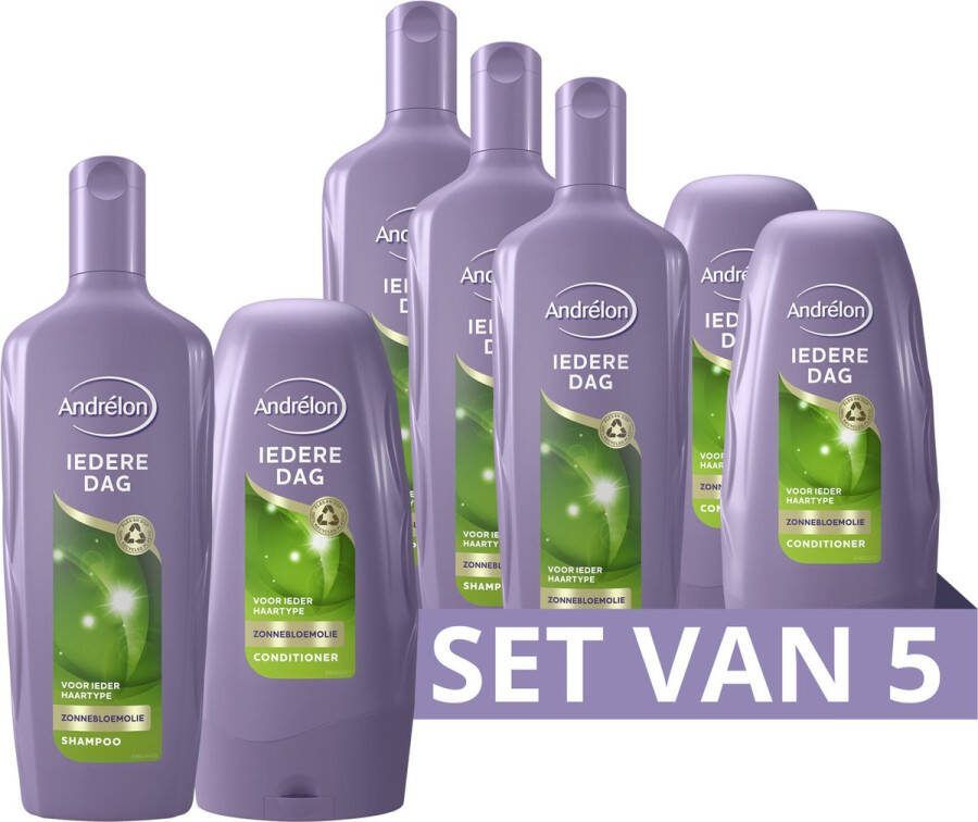 Andrélon Shampoo & Conditioner Iedere Dag verrijkt met voedingsrijke zonnebloemolie 3 x 300 ml + 2 x 250 ml